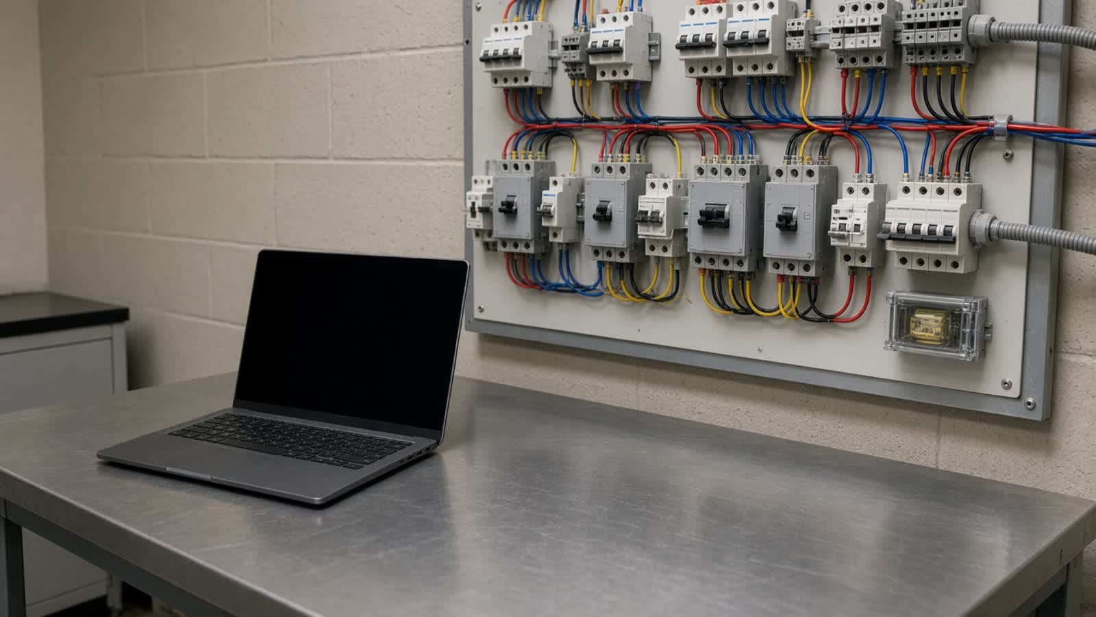 A blank laptop beside a practice panel, the blend of a screen and a board