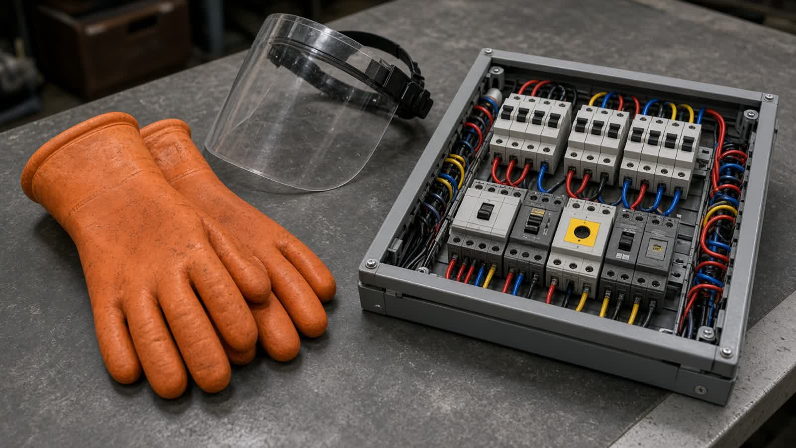 Insulating gloves, a face shield and a low-voltage practice panel, the practical part of the H0 B0 line VoltWork prints