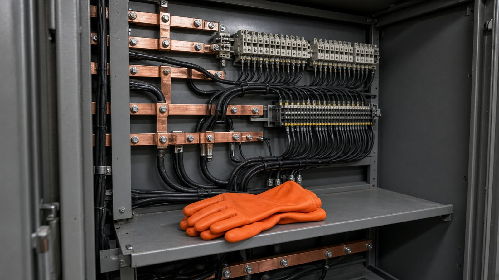 Insulating gloves on the shelf of an open cabinet