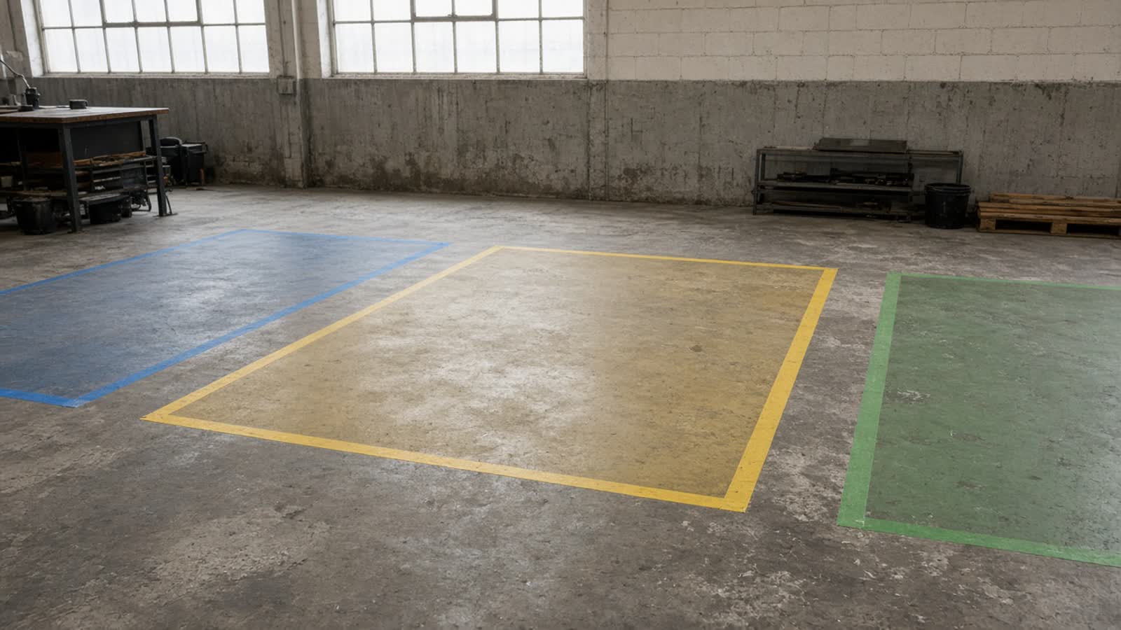 A workshop floor marked into zones with plain tape, the subject of their film Distances et zones